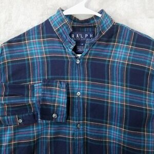 Ralph Ralph Lauren Womens 8 Blue Green‎ Plaid Cotton Button Down Flannel Shirt
